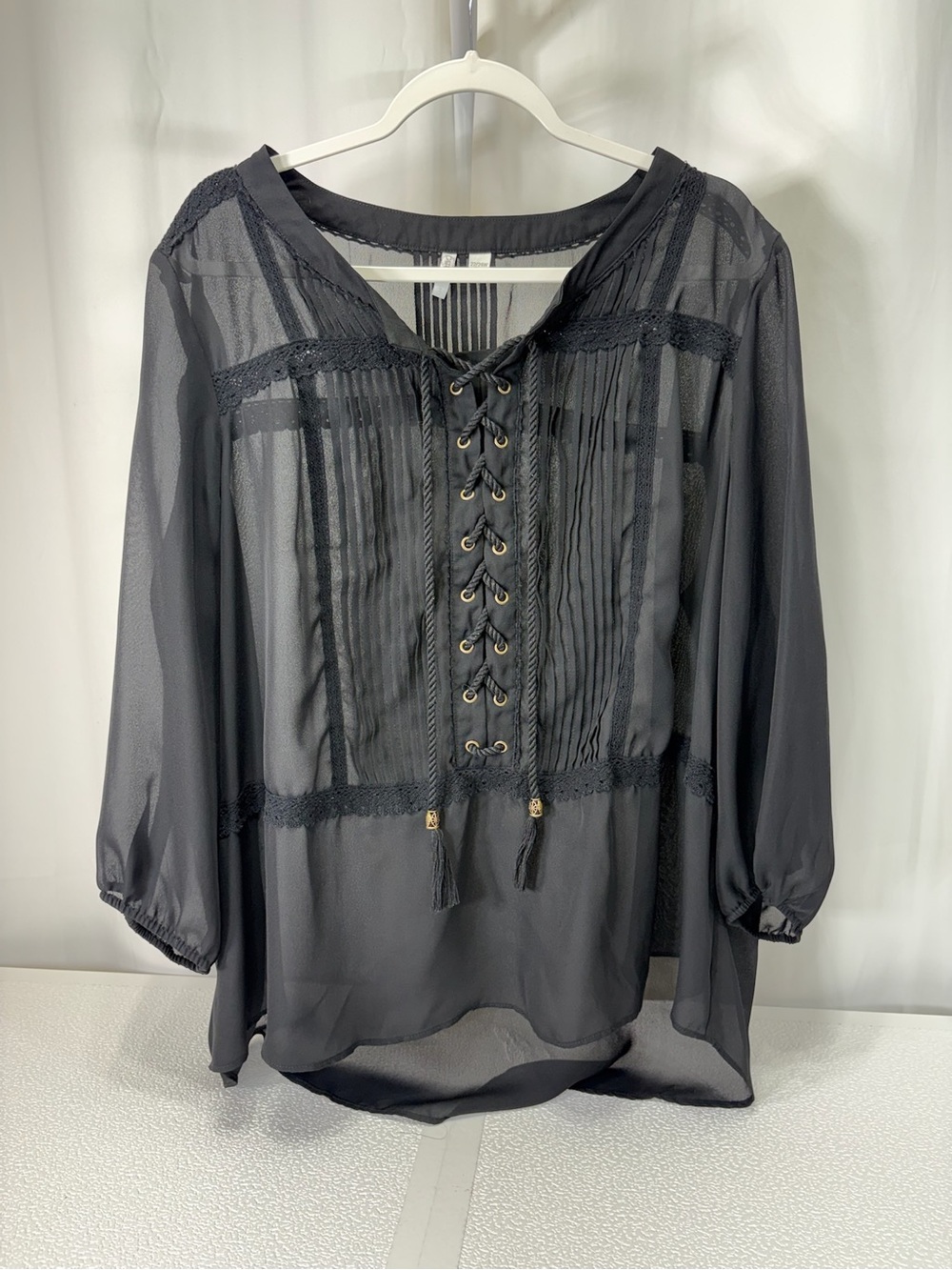 Cato Black Sheer Lace-Up Pintuck Blouse with Tassels 4309